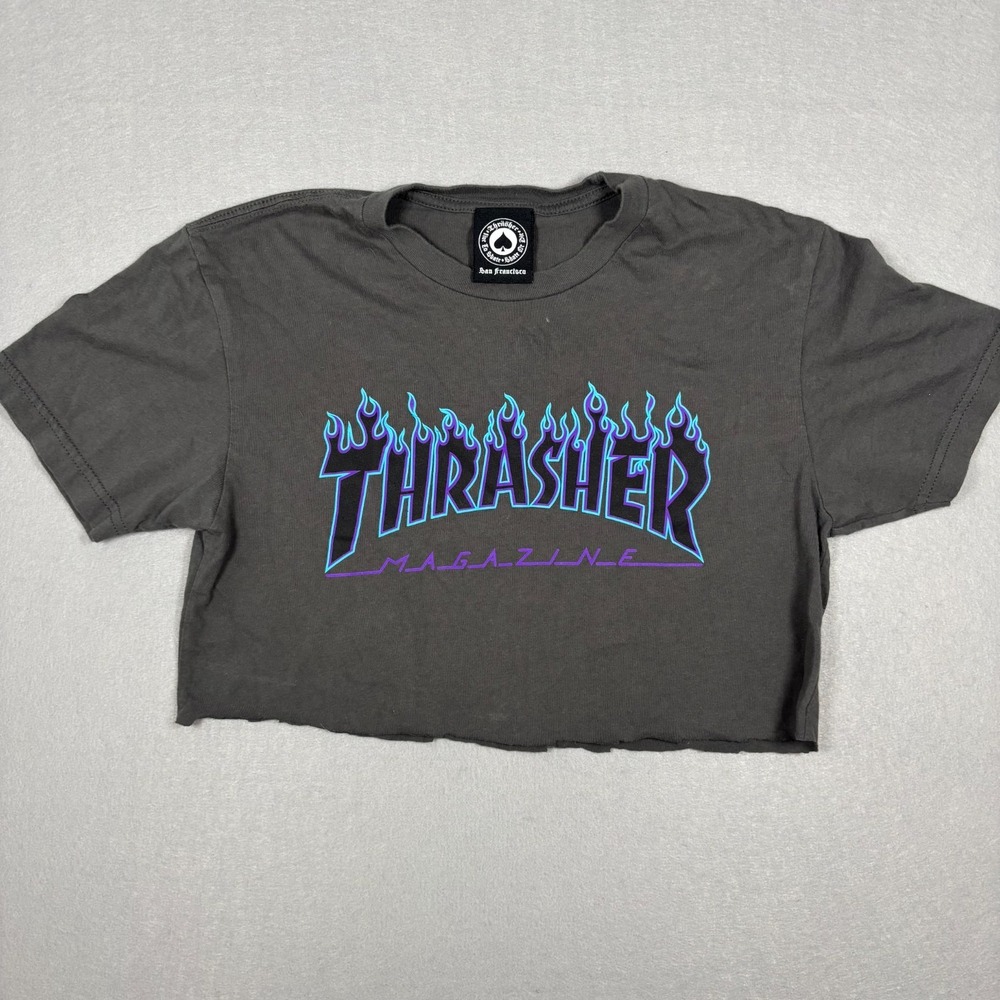 Thrasher Magazine Women's Cutoff Crop Top Gray Size XS Skateboard T Shirt Flames